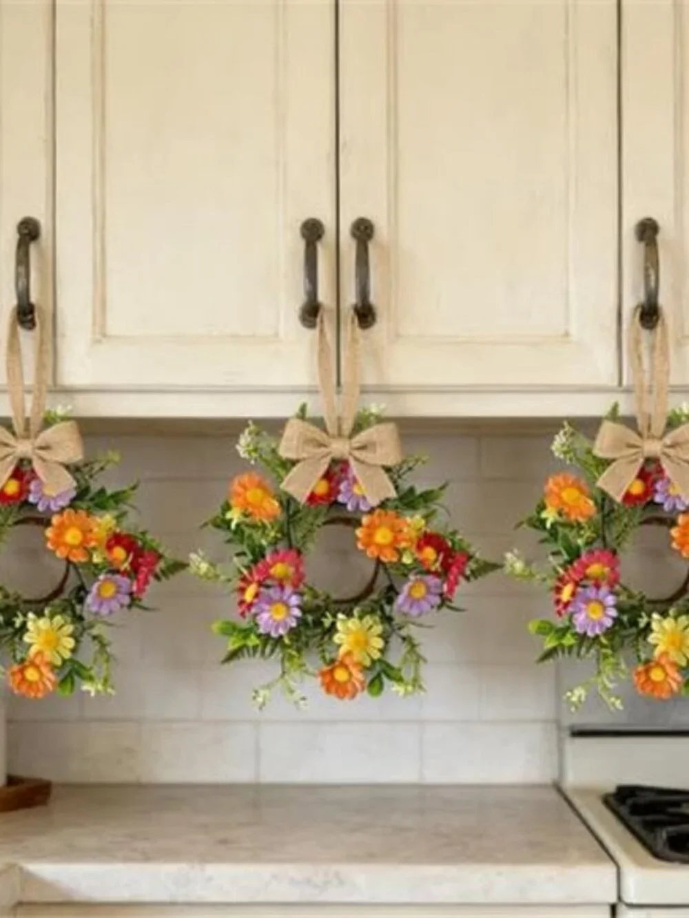 4 Pcs Mini Flowers Wreaths for Cabinets with Orange Red Purple Yellow Daisy